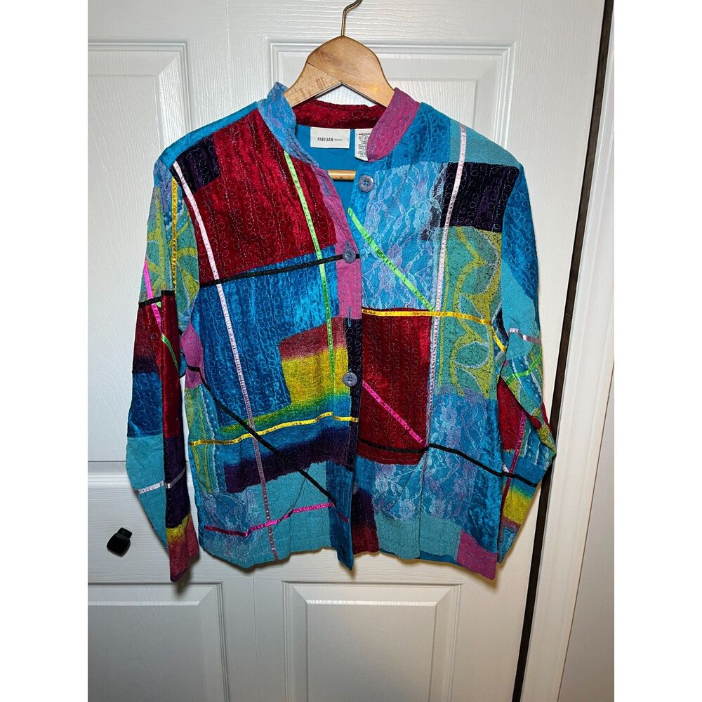 Parisian Works Patchwork Velvet Lace Jacket Womens Medium Colorful Art Wear